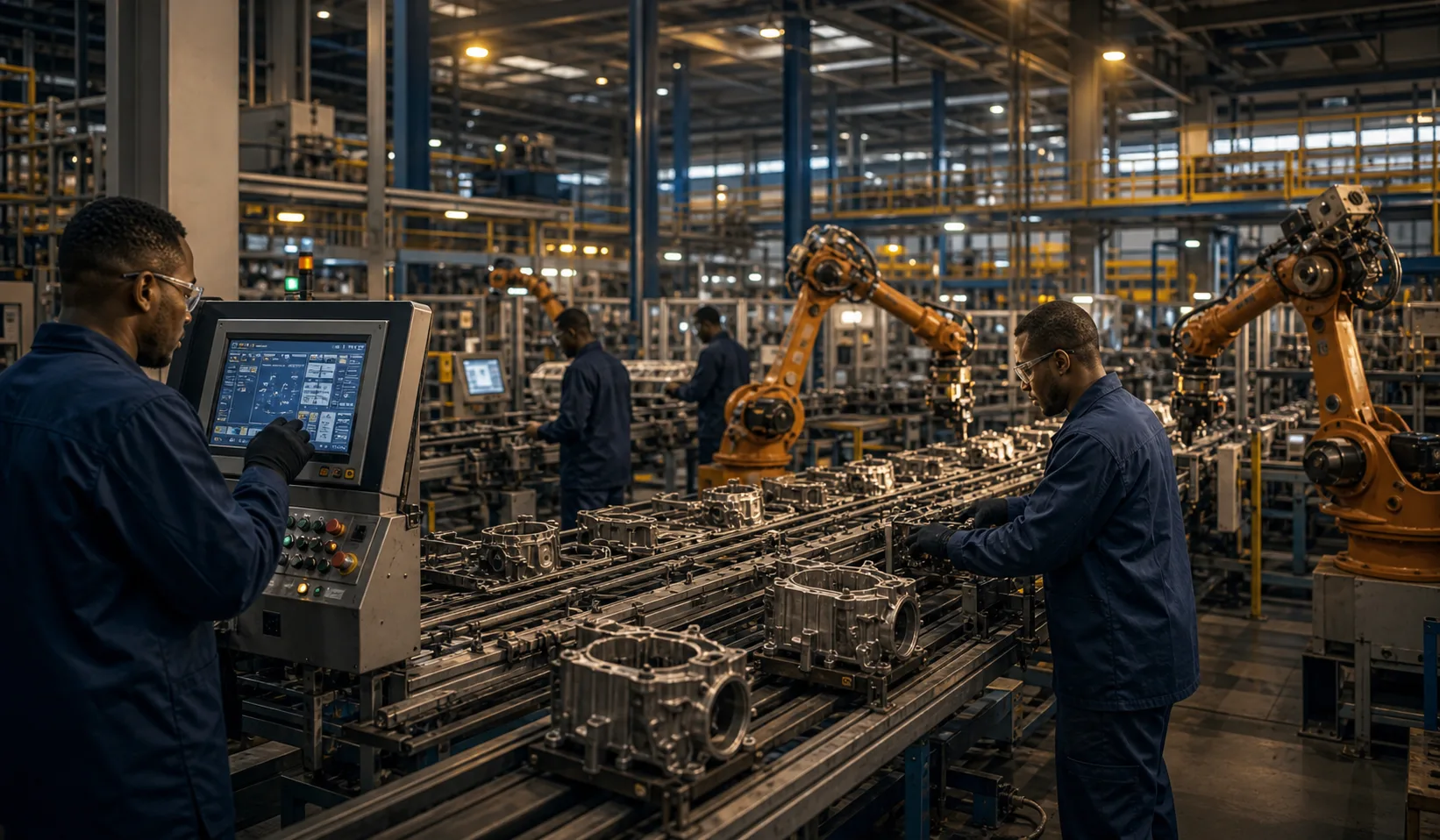 Factory floor in full operation with technicians monitoring equipment